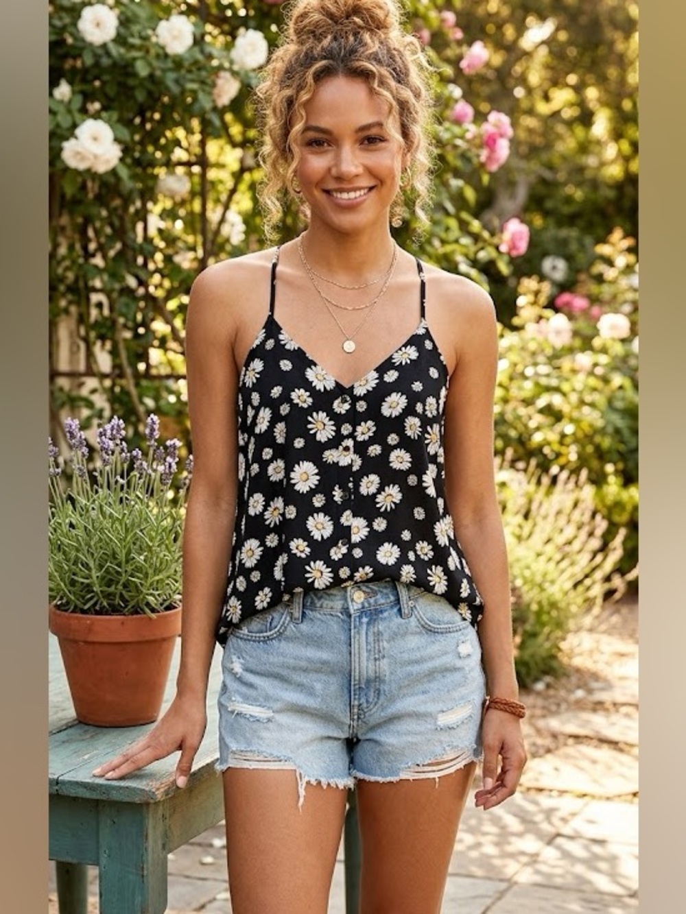 Nobo Woven Daisy floral tank top black  racerback sleeveless v-neck new SM,L